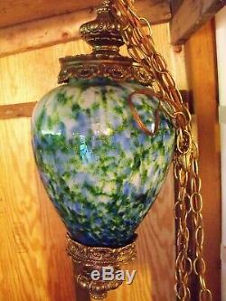 Large & Rare Fenton Vasa Murrhina Aventurine Green With Blue Hanging Light Lamp