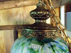 Large & Rare Fenton Vasa Murrhina Aventurine Green With Blue Hanging Light Lamp