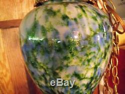 Large & Rare Fenton Vasa Murrhina Aventurine Green With Blue Hanging Light Lamp