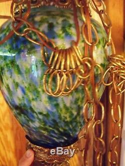 Large & Rare Fenton Vasa Murrhina Aventurine Green With Blue Hanging Light Lamp