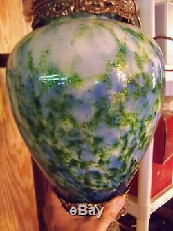 Large & Rare Fenton Vasa Murrhina Aventurine Green With Blue Hanging Light Lamp