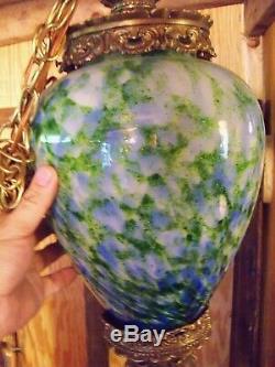 Large & Rare Fenton Vasa Murrhina Aventurine Green With Blue Hanging Light Lamp