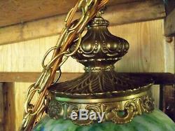 Large & Rare Fenton Vasa Murrhina Aventurine Green With Blue Hanging Light Lamp