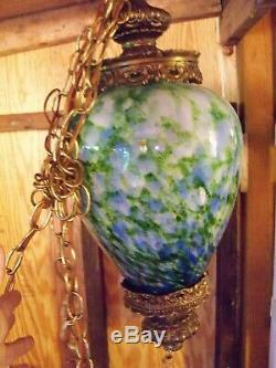 Large & Rare Fenton Vasa Murrhina Aventurine Green With Blue Hanging Light Lamp