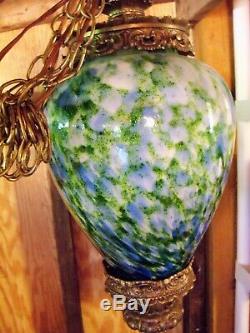 Large & Rare Fenton Vasa Murrhina Aventurine Green With Blue Hanging Light Lamp