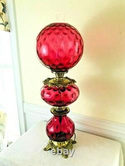 Large Vintage Fenton Cranberry Coin Dot Banquet Parlor Lamp Triple Globe 34