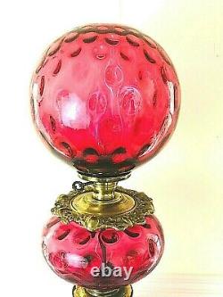 Large Vintage Fenton Cranberry Coin Dot Banquet Parlor Lamp Triple Globe 34