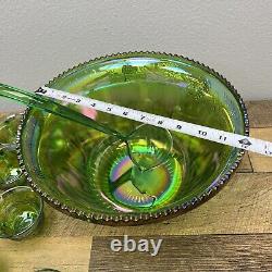 Large Vintage Punch Bow Set in Indiana Green Carnival Glass Iridescent