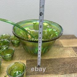 Large Vintage Punch Bow Set in Indiana Green Carnival Glass Iridescent