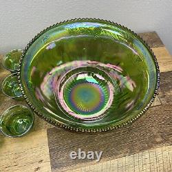Large Vintage Punch Bow Set in Indiana Green Carnival Glass Iridescent