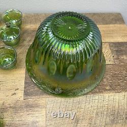 Large Vintage Punch Bow Set in Indiana Green Carnival Glass Iridescent