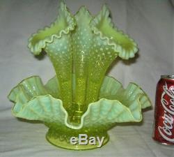 Lg. Antique Fenton Vaseline Opalescent Hobnail Topaz Glass Flower Bowl Epergne