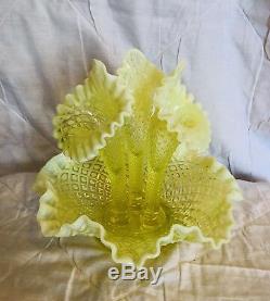 Lg. Antique Fenton Vaseline Opalescent Hobnail Topaz Glass Flower Bowl Epergne