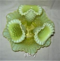 Lg. Antique Fenton Vaseline Opalescent Hobnail Topaz Glass Flower Bowl Epergne