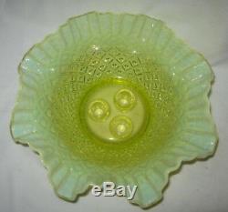 Lg. Antique Fenton Vaseline Opalescent Hobnail Topaz Glass Flower Bowl Epergne