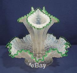 Lg Fenton Hobnail Opalescent Glass Epergne 3 Horn Trumpet Flower Vase Green Trim