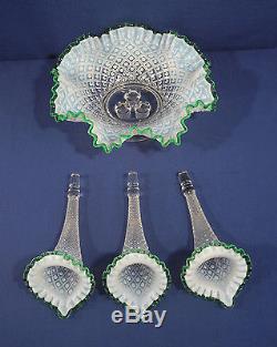 Lg Fenton Hobnail Opalescent Glass Epergne 3 Horn Trumpet Flower Vase Green Trim
