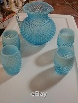 Light Blue Hobnail Milk Glass Pitcher with 4 glasses