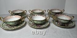 Limoges French Cream Soup & Saucer Porcelain Gilt and Floral Antique T&V