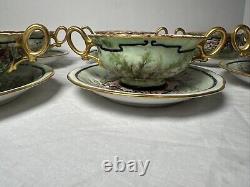 Limoges French Cream Soup & Saucer Porcelain Gilt and Floral Antique T&V