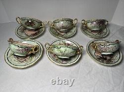 Limoges French Cream Soup & Saucer Porcelain Gilt and Floral Antique T&V