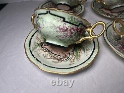 Limoges French Cream Soup & Saucer Porcelain Gilt and Floral Antique T&V