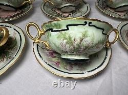 Limoges French Cream Soup & Saucer Porcelain Gilt and Floral Antique T&V