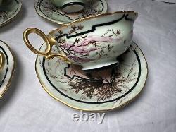 Limoges French Cream Soup & Saucer Porcelain Gilt and Floral Antique T&V