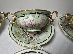 Limoges French Cream Soup & Saucer Porcelain Gilt and Floral Antique T&V