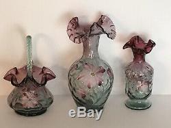 Lot Of 3 Fenton Optic Glass Painted Mulberry 2 Vases & Basket Signed Bill Fenton