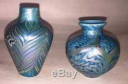 Lot of 2 Lundberg Studios, 1975, Pulled feather Blue iridescent Art Glass Vases