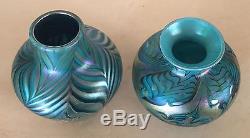 Lot of 2 Lundberg Studios, 1975, Pulled feather Blue iridescent Art Glass Vases
