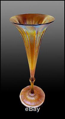Louis TIFFANY Favrile Glass Trumpe Vase Authentic Signed Large Gold Antique Art