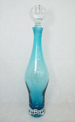 MCM Blenko TURQUOISE 19 Lt Blue Glass Decanter Crab Claw Stopper Wayne Husted