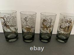 MCM Zodiac Glasses Full Set 12 FEDERAL GLASS Smoky Gray W Gold