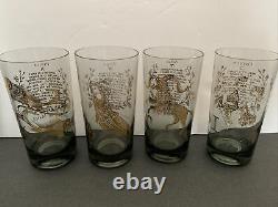 MCM Zodiac Glasses Full Set 12 FEDERAL GLASS Smoky Gray W Gold