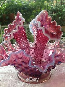 MNTPERFMID1900's RARE FENTON HOBNAIL CRANBERRY OPALESCENT THREE HORN EPERGNE