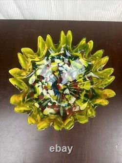 Mid Century Hand blown Glass Bowl Vibrant Primary Colors 8.25 in diameter
