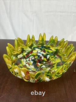 Mid Century Hand blown Glass Bowl Vibrant Primary Colors 8.25 in diameter