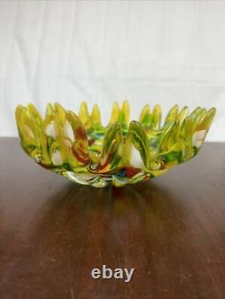Mid Century Hand blown Glass Bowl Vibrant Primary Colors 8.25 in diameter