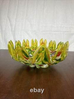 Mid Century Hand blown Glass Bowl Vibrant Primary Colors 8.25 in diameter
