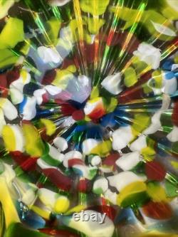 Mid Century Hand blown Glass Bowl Vibrant Primary Colors 8.25 in diameter