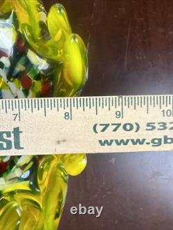 Mid Century Hand blown Glass Bowl Vibrant Primary Colors 8.25 in diameter