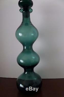 Mid Century Modern Blenko Art Glass Gurgle / Banded Green / Decanter with Stopper
