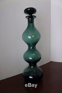 Mid Century Modern Blenko Art Glass Gurgle / Banded Green / Decanter with Stopper