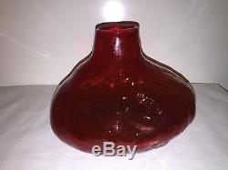 Mid Century Modern Hand Blown Red Fat Lava Ice Textured Glass Gourd Vases 1960s
