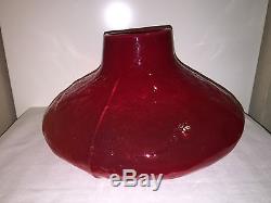 Mid Century Modern Hand Blown Red Fat Lava Ice Textured Glass Gourd Vases 1960s