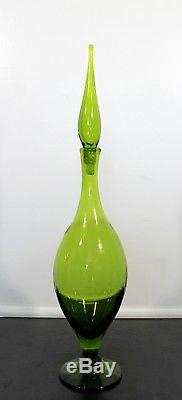 Mid Century Modern Olive Green Blenko Glass Decanter w Pointed Stopper