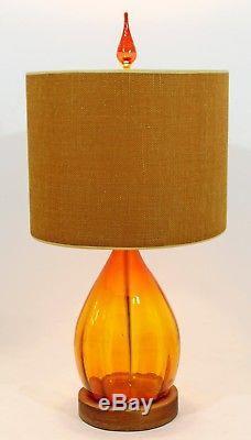 Mid Century Modern Orange Blenko Blown Glass Table Lamp Original Shade & Finial