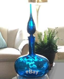 Mid Century Modern decanter. 1960's Blenko. Deep turquoise blue. 14 tall